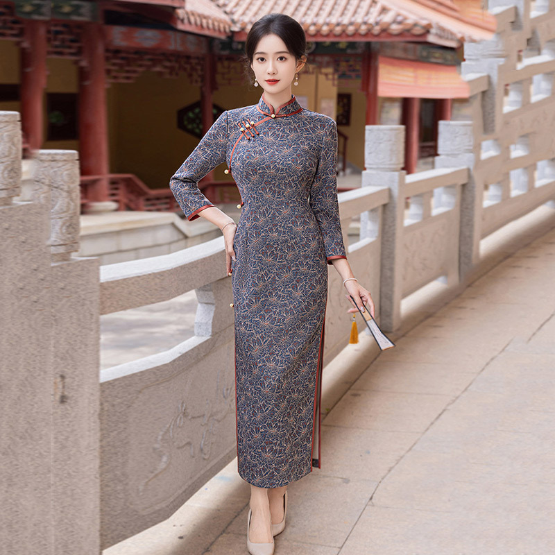 春季国风新中式长款苏州长袖旗袍改良年轻款女高级感复古旗袍60894