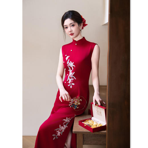 港风红色无袖新中式复古旗袍，仿醋酸绣花婚宴旗袍GX-276018 商品图3
