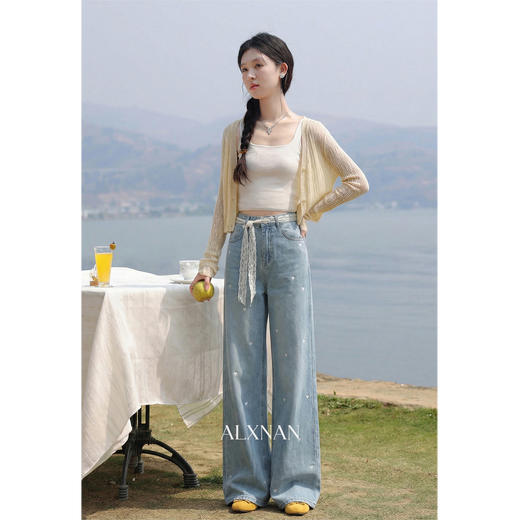 鹿向南「赴春之约」蓝色绣花直筒宽松阔腿牛仔裤女春季显瘦长裤子 商品图4