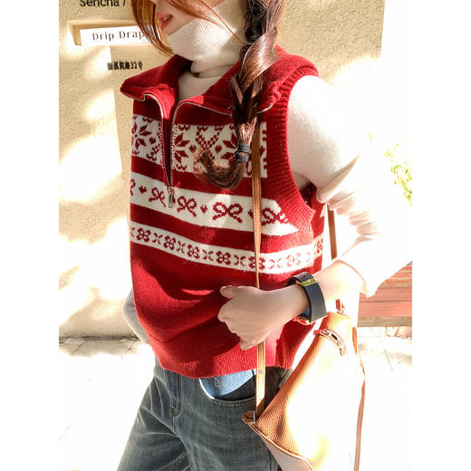 <曾小咸推荐>3.2现货秒杀！微信超特价！韩系红色翻领针织马甲 日常189.99 立减100 秒杀89.99！ 商品图1