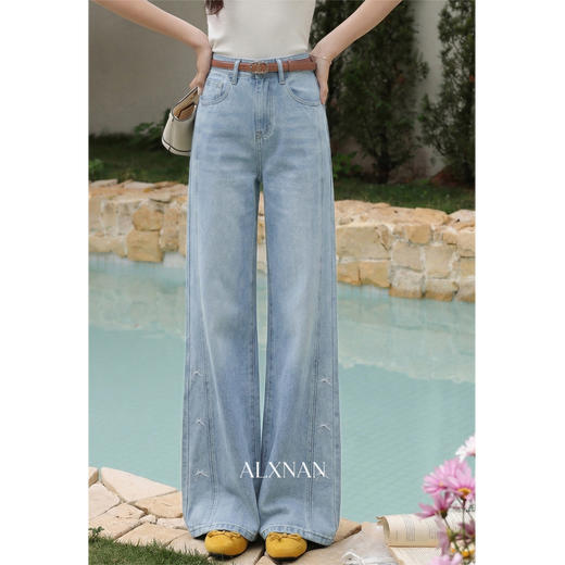 鹿向南「春日序章」蓝色直筒牛仔裤女春季蝴蝶结绣花显瘦高腰长裤 商品图3