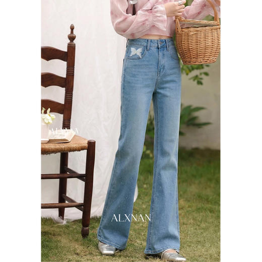 鹿向南「繁星点点」烫钻蓝色直筒牛仔裤春季款时尚百搭修身长裤女 商品图2