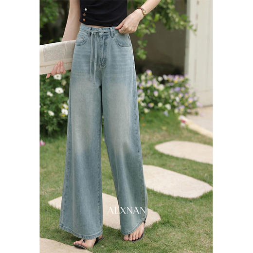 鹿向南「复古巴黎」蓝色阔腿牛仔裤女春季新款宽松高腰超好看长裤 商品图3