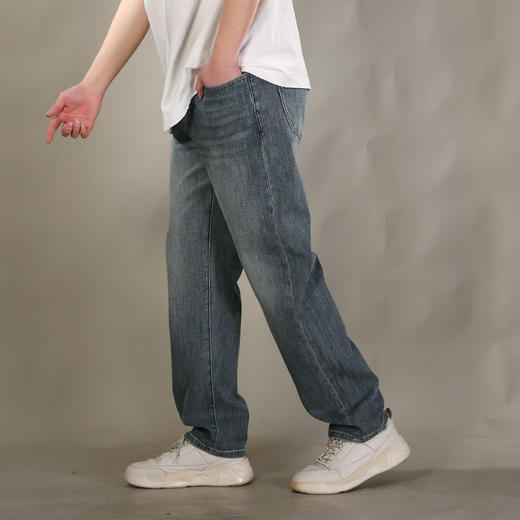 DRONKOO 2026 正常腰后口袋绣线压印字母四面弹中厚牛仔长裤 商品图2