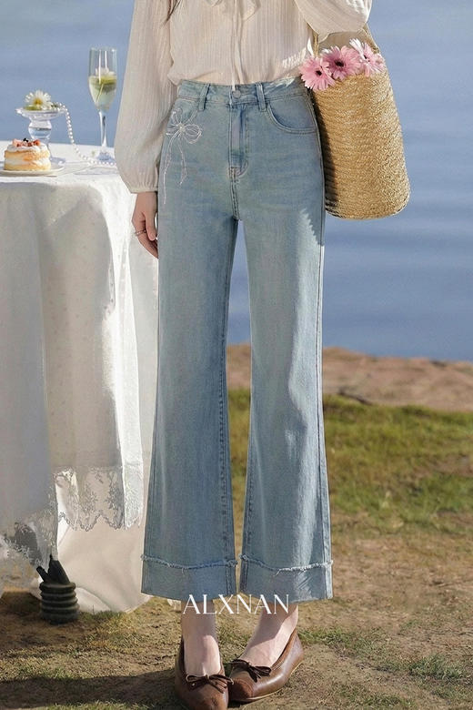 鹿向南「春野慢行」蓝色九分牛仔裤女春季韩系小个子高腰微喇裤子 商品图5