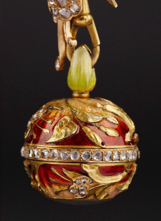 独角鹿西洋古董19世纪晚期瑞士出品黄金镶嵌钻石苹果主题珐琅表盘怀表及胸针 商品图7