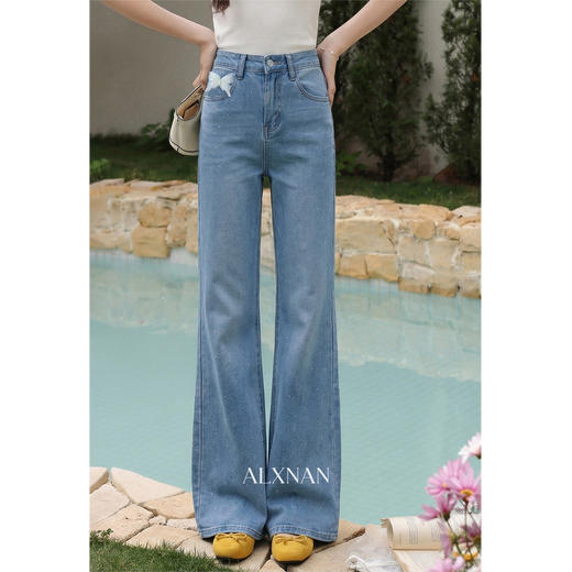 鹿向南「繁星点点」烫钻蓝色直筒牛仔裤春季款时尚百搭修身长裤女 商品图1