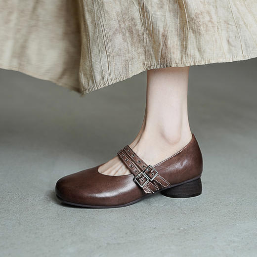 【阿么古纹马皮鞋】复古有质感皮带扣正品单鞋软底粗跟玛丽珍2.5CM 商品图4