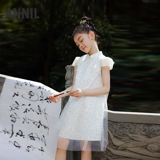 女童国风优雅立领盘扣清爽短袖连衣裙夏季新款安奈儿童装EG623563 商品图1