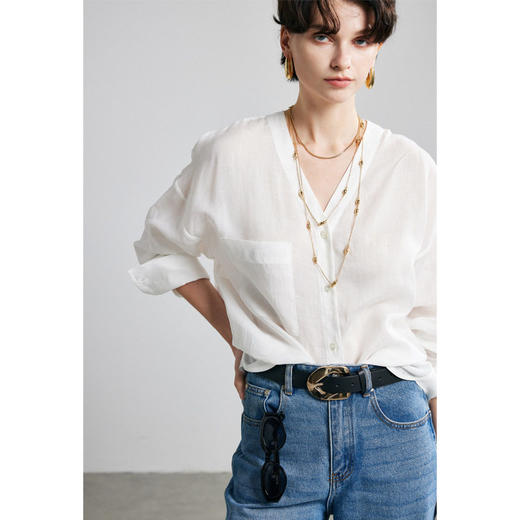 100%苎麻长袖衬衫女2026年春夏新款V领宽松通勤纯色麻料衬衣 商品图1