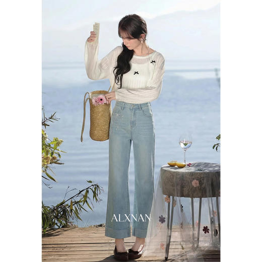 鹿向南「春野慢行」蓝色九分牛仔裤女春季韩系小个子高腰微喇裤子 商品图4