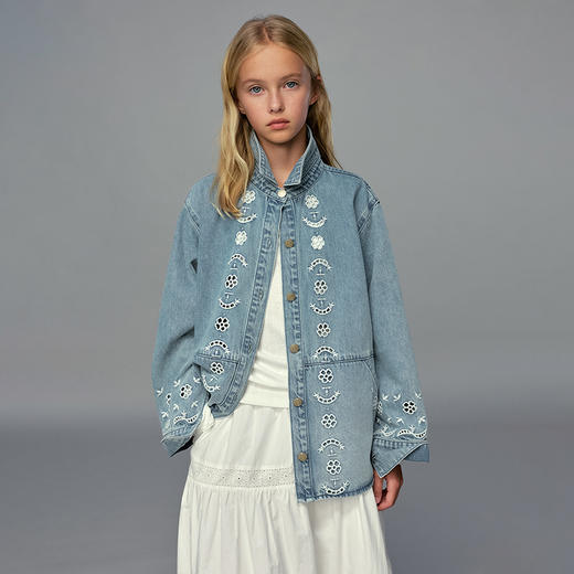 💕春3童装水洗镂空绣花法式牛仔衬衫外套 商品图2