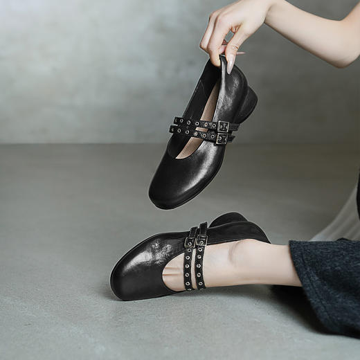 【阿么古纹马皮鞋】复古有质感皮带扣正品单鞋软底粗跟玛丽珍2.5CM 商品图2