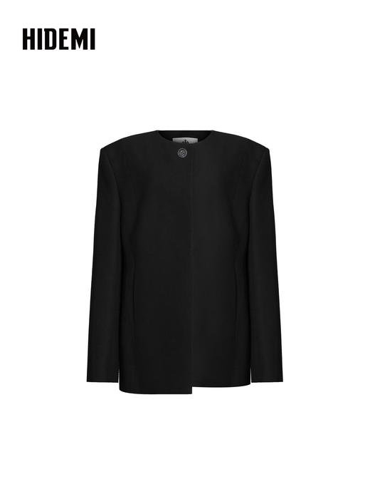 HIDEMI 绵羊毛黑色简约一粒扣宽肩收腰圆领西装西服外套 商品图6