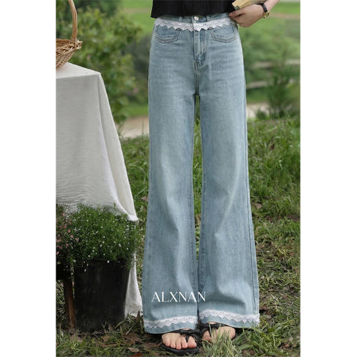 鹿向南「秋香胭脂」蓝色高腰牛仔裤女春季法式设计感阔腿直筒裤 商品图1