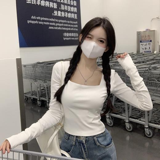 【春秋百搭❗不挑风格肤色】现货方领露锁骨长袖t恤女春秋季修身内搭短款露脐打底衫上衣。rg 商品图3