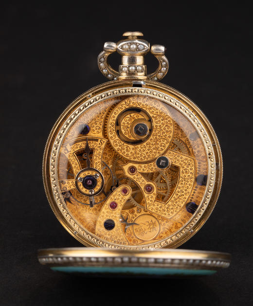 独角鹿西洋古董19世纪中期瑞士播威工坊出品银鎏金精雕装饰珐琅表盘镶嵌珍珠中央秒针跳秒擒纵怀表 商品图6
