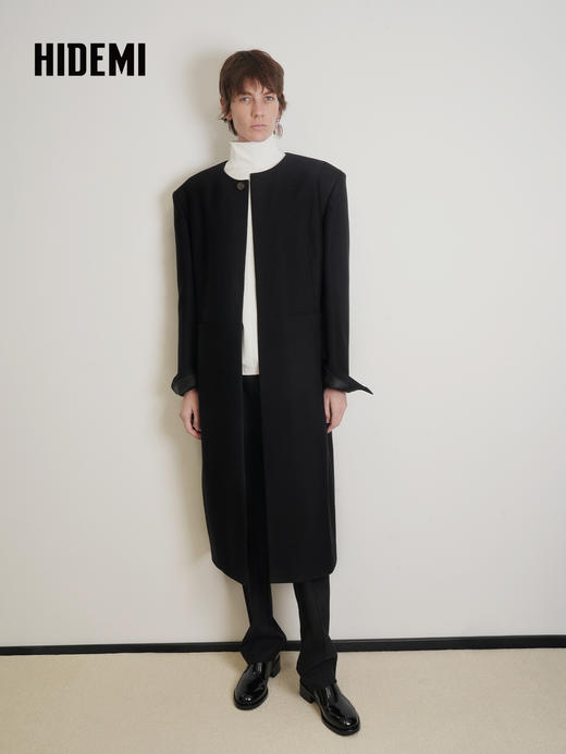 HIDEMI 绵羊毛设计感黑色简约圆领长款西装西服外套 商品图6