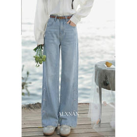 鹿向南「春日序章」蓝色直筒牛仔裤女春季蝴蝶结绣花显瘦高腰长裤
