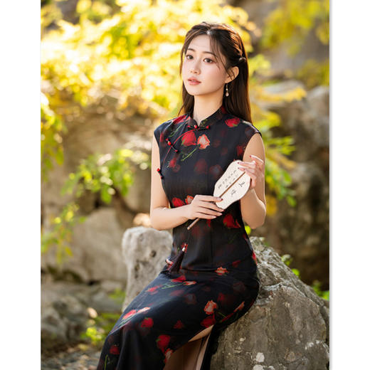 复古中国风长款无袖绫罗缎旗袍，改良新中式日常旗袍裙GX-202608 商品图3