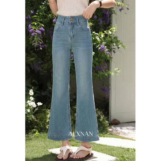 鹿向南「蓝水云烟」法式蓝色牛仔长裤春季款紧身休闲微喇九分裤女 商品图1