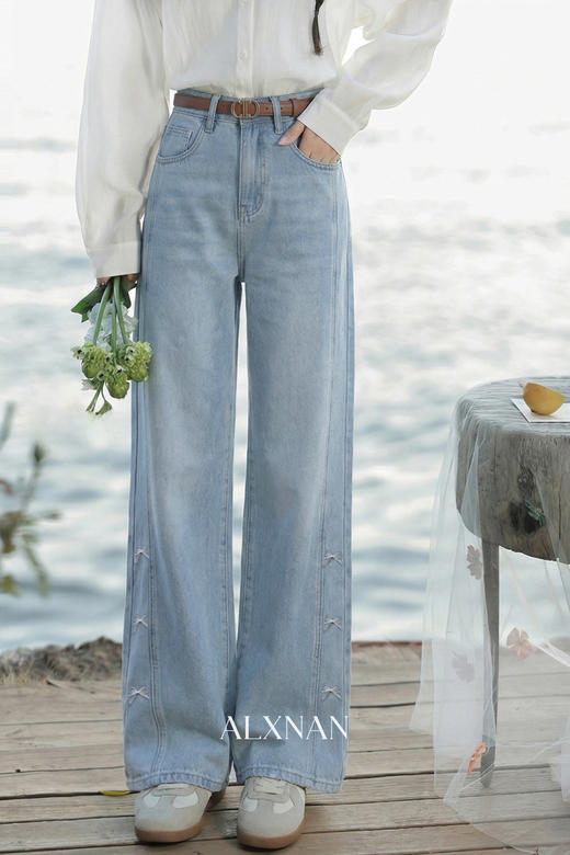 鹿向南「春日序章」蓝色直筒牛仔裤女春季蝴蝶结绣花显瘦高腰长裤 商品图5