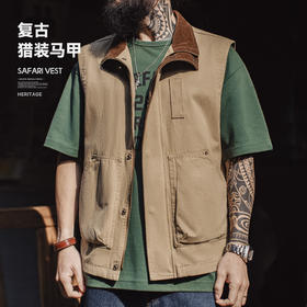 马登工装美式复古safari马甲猎装纯棉卡其色灯芯绒背心外套男款春
