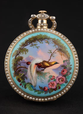 独角鹿西洋古董19世纪中期瑞士播威工坊出品银鎏金精雕装饰珐琅表盘镶嵌珍珠中央秒针跳秒擒纵怀表