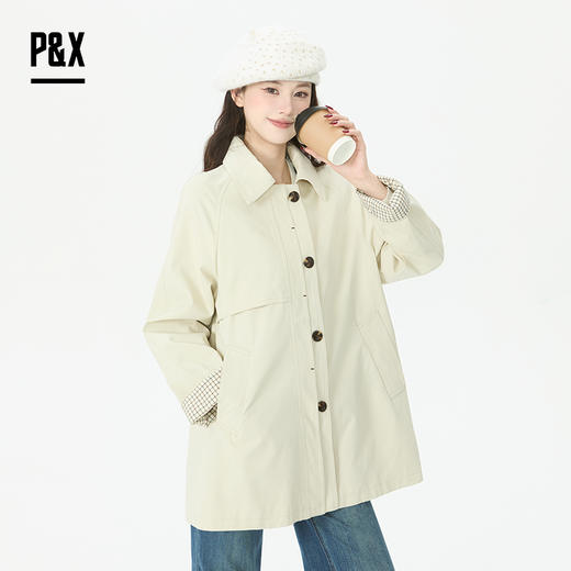 P&X设计师女装2026春季法式简约复古中长款风衣 826119081 杏色 商品图0