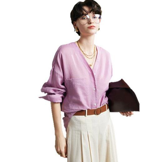 100%苎麻长袖衬衫女2026年春夏新款V领宽松通勤纯色麻料衬衣 商品图4