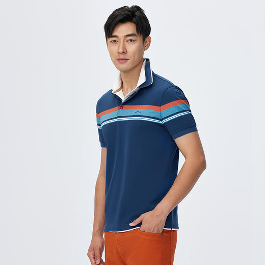 【桑蚕丝】德鲨夏季短袖条纹POLO衫男青年撞色休闲翻领t恤 商品图2