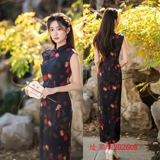 复古中国风长款无袖绫罗缎旗袍，改良新中式日常旗袍裙GX-202608 商品图1