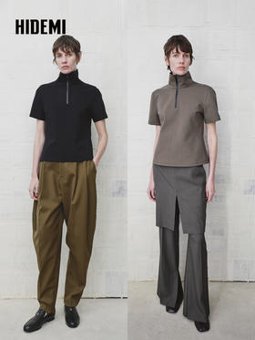 HIDEMI 极简修身立领半开襟拉链短袖上衣