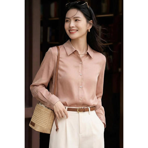 「柔金缎真丝衬衫」会呼吸的桑蚕丝 柔滑亲肤 自带珍珠光泽 远看显贵 近触高级 米思阳2026春季衬衫高级感通勤百搭显瘦翻领长袖女式衬衫1420 商品图3