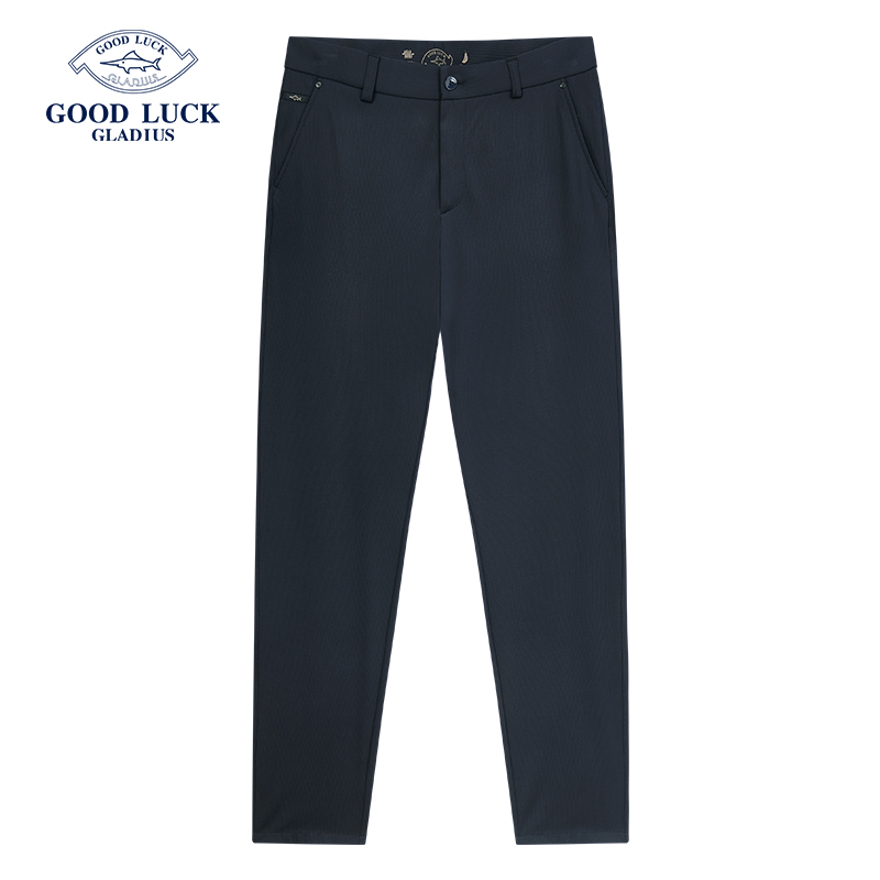 德鲨春季新款针织长裤男时尚深蓝色直筒裤子男装休闲裤