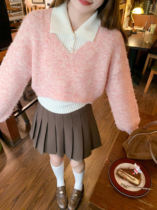 <曾小咸推荐>2.27现货秒杀 ！微信超特价！韩系粉色polo领短款针织衫两件套 日常229.99 立减130 秒杀99.99！ 商品图8