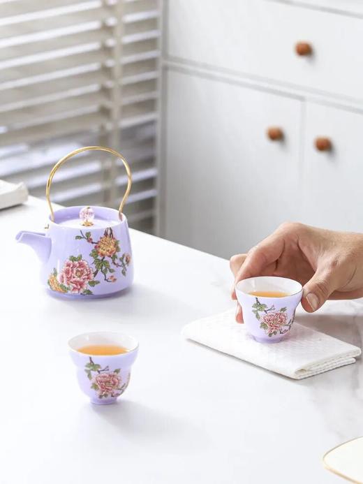 紫韵流芳·羊脂玉提梁壶套组 | 刘铭志大师监制，细腻的羊脂玉瓷，玉兰花牡丹花花绘 商品图4