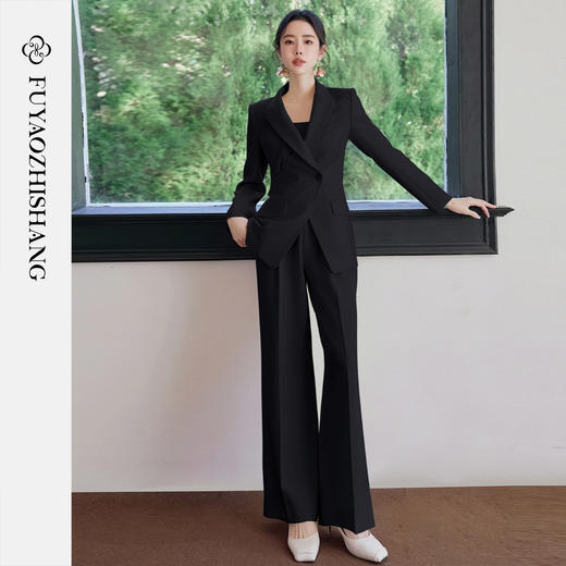 FUYAO扶摇直上 职场极简风黑色西装套装女直筒裤两件套通勤穿搭春 商品图0