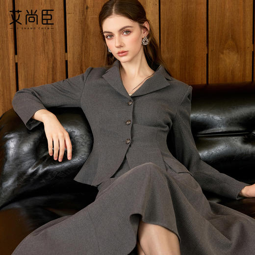艾尚臣格雷系洋气时尚套装裙老钱风翻领毛呢职业套装女修身短款冬 商品图0