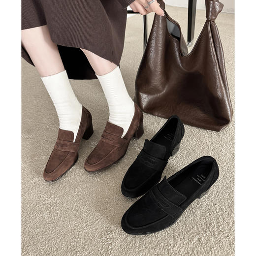 【预售5天】5cm羊皮粗跟乐福鞋，2026新款真皮大码高跟深口单鞋英伦风小皮鞋82880 商品图0