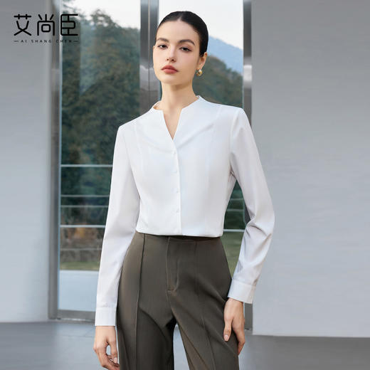 艾尚臣简约风白色立领衬衫女长袖职业通勤面试高级感工作服衬衣 商品图0
