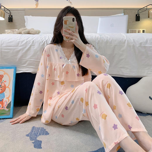 【花边领口设计❗舒适大气】春秋女士棉绸睡衣蕾丝边印花长袖长裤两件套防凸点可爱薄款睡衣。rg 商品图1
