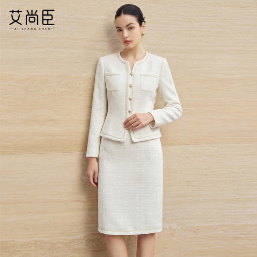 艾尚臣小香风套装女绵羊毛优雅风米白色金扣两件套气质职场套装春 商品图0