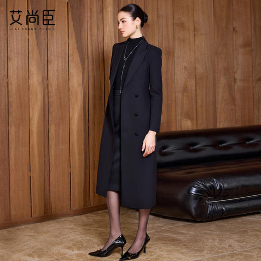 艾尚臣羊毛大衣女中长款黑色通勤西装领系带收腰轻奢极简风外套冬 商品图2