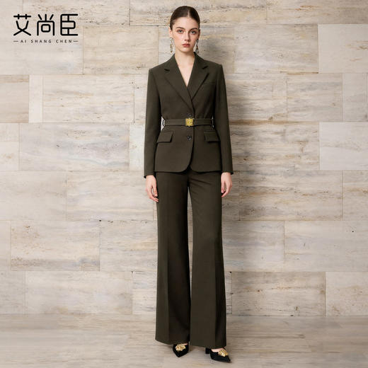 艾尚臣【复古老钱】简约风卡其绿羊毛西装套装女秋冬收腰通勤穿搭 商品图1