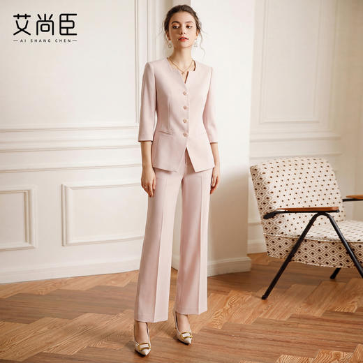 艾尚臣极简直身西装套装女七分袖阔腿裤两件套高级感修身职业装粉 商品图0