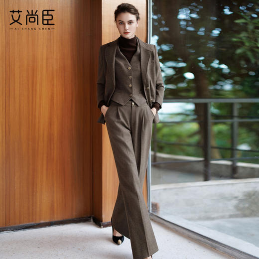 艾尚臣复古老钱西装套装女秋冬高端职业装棕色羊毛西服马甲三件套 商品图1