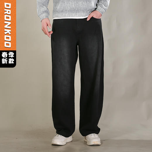 DRONKOO 2026 抽绳半松紧口袋脚口斜破缝喷色做旧中厚牛仔长裤 商品图0