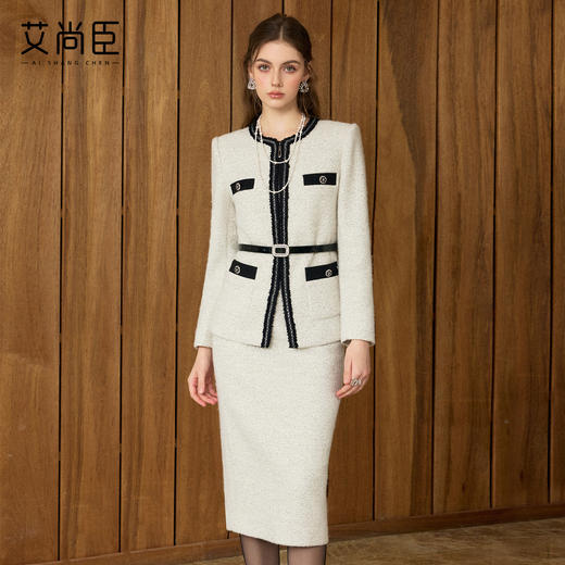 艾尚臣手编织带月光灰羊毛粗花呢小香风短外套女气质套裙两件套冬 商品图2