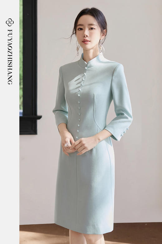 FUYAO扶摇直上 中式风立领连衣裙女修身水绿色醋酸旗袍裙优雅裙子 商品图5